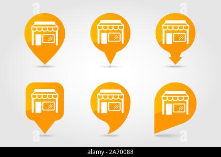 Store front isolated pin map icon. E-commerce sign. Map pointer. Map markers. Destination vector icon Stock Vector