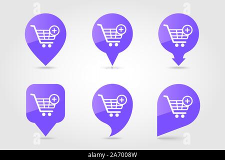 Shopping cart pin map icon with plus. Add from cart. E-commerce sign. Map pointer. Map markers. Destination vector icon Stock Vector