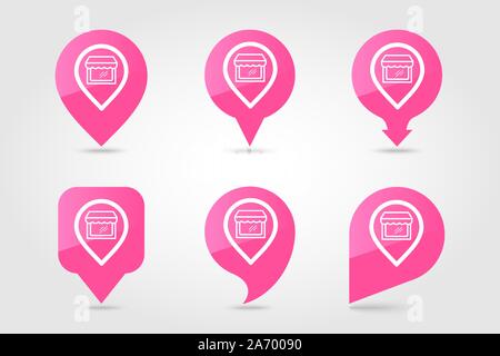 Supermarket store front pin map icon. E-commerce sign. Map pointer. Map markers. Destination vector icon Stock Vector