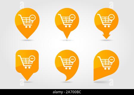 Shopping cart pin map icon with minus. Remove from cart. E-commerce sign. Map pointer. Map markers. Destination vector icon Stock Vector