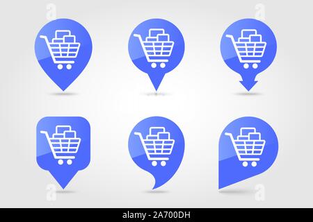 Shopping cart with boxes pin map icon. E-commerce sign. Map pointer. Map markers. Destination vector icon Stock Vector