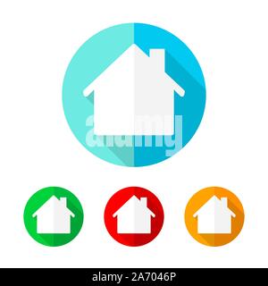 Set of colored houses icons. White house with long shadow. Vector illustration. Sign of house on the round button. Stock Vector