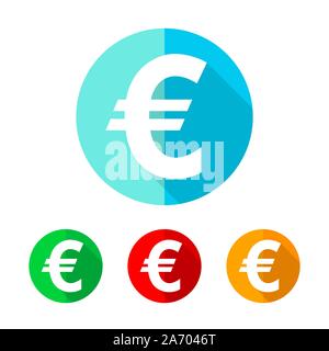 Set of colored euro icons. White euro icon with long shadow. Vector illustration. Euro sign on a the round button. Stock Vector