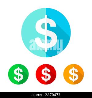 Set of colored dollar icons. White dollar icon with long shadow. Vector illustration. Dollar sign on a the round button. Stock Vector