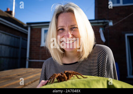 Zoologist Carrie Alcock with Boris, her Goliath birdeater spider at her home in Cheadle, Staffordshire ahead of the National Pet Show at the NEC on November 2 and 3. PA Photo. Picture date: Tuesday October 29, 2019. Photo credit should read: Jacob King/PA Wire Stock Photo