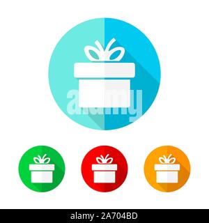 Set of colored gift icons. White gift icon with long shadow. Vector illustration. Gift sign on a the round button. Stock Vector