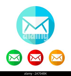 Set of colored message icons. White message icon with long shadow. Vector illustration. Message on a the round button. Stock Vector