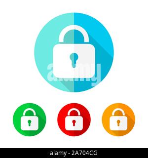 Set of colored padlock icons. White padlock icon with long shadow. Vector illustration. Padlock sign on a the round button. Stock Vector
