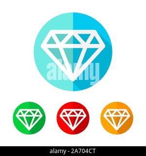 Set of colored diamond icons. White diamond with long shadow. Vector illustration. Diamond on the round button. Stock Vector
