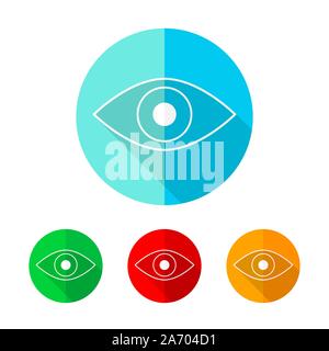 Set of colored eye icons. White eye icon with long shadow. Vector illustration. Eye sign on a the round button. Stock Vector
