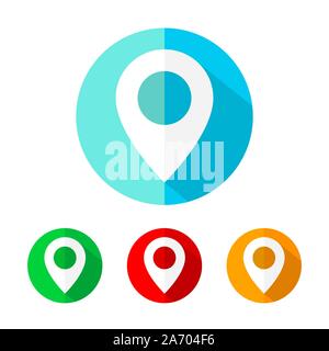 Set of navigation map marker icons. White map marker icon with long shadow on a colored rounded buttons. Vector illustration. Stock Vector