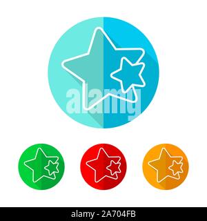 Set of colored star icons. White star with long shadow. Vector illustration. Star icon on a the round button. Stock Vector