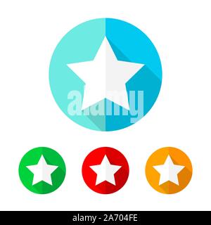 Set of colored star icons. White star with long shadow. Vector illustration. Star icon on a the round button. Stock Vector
