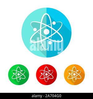 Set of colored atom icons. White atom sign with long shadow. Vector illustration. Atom icon on a the round button. Stock Vector
