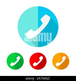 Set of colored handset icons. White handset with long shadow. Vector illustration. Handset icon on a the round button. Stock Vector