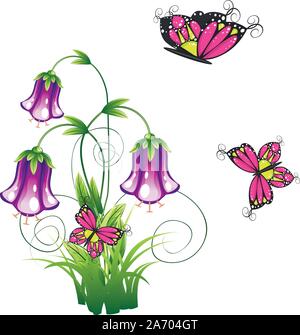 Cartoon bluebell flower with green leaves and swirls. Stock Vector