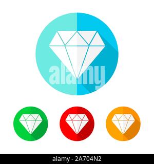 Set of colored circles with diamond icon. White diamond with long shadow. Vector illustration. Diamond on a the round button. Stock Vector