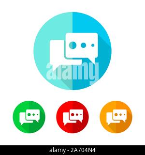 Set of colored chat bubble icons. White chat bubble with long shadow. Vector illustration. Chat bubble icon on a the round button. Stock Vector