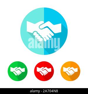 Set of colored handshake icons. White handshake with long shadow. Vector illustration. Handshake on the round button. Stock Vector