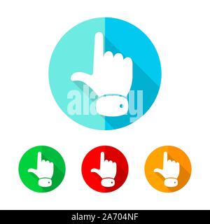 Set of colored circles with hand cursor icon. White hand cursor with long shadow. Vector illustration. Hand cursor on a the round button. Stock Vector