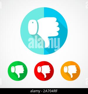 Set of colored thumb down icons. White thumb down with long shadow. Vector illustration. Thumb down sign on a the round button. Stock Vector