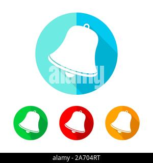 Set of colored handbell icons. White handbell with long shadow. Vector illustration. Handbell icon on a the round button. Stock Vector