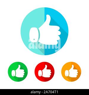 Set of colored thumb up icons. White thumb up with long shadow. Vector illustration. Thumb up sign on a the round button. Stock Vector
