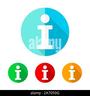 Set of colored information icons. White info icon with long shadow. Vector illustration. The information sign on a the round button. Stock Vector