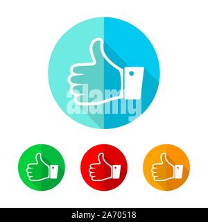 Set of colored thumb up icons. White thumb up with long shadow. Vector illustration. Thumb up sign on a the round button. Stock Vector