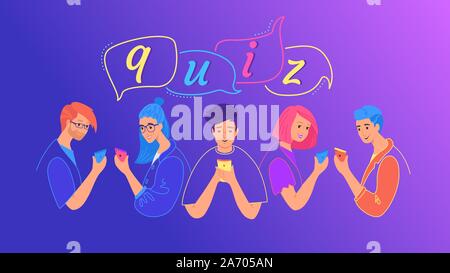 Quiz concept vector illustration of teenage boys and girls using mobile smartphone for answering questions. Online questionnaire for young people usin Stock Vector