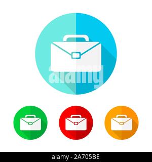 Set of colored briefcase icons. White briefcase icon with long shadow. Vector illustration. The briefcase sign on a the round button. Stock Vector