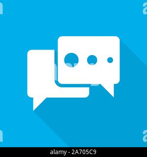 Speech bubbles icon. Vector illustration. White chat bubble with long shadow on blue background. Stock Vector