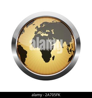Metallic glossy button with globe, isolated on white. Vector illustration. Metallic round button. Stock Vector
