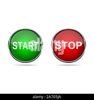 3D START and STOP round buttons on white background. Vector illustration. Realistic red and green buttons. Stock Vector