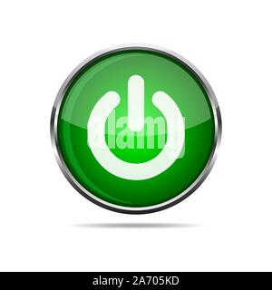 3D POWER round button on white background. Vector illustration. Realistic glossy green button. Stock Vector