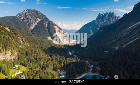 Predil Lake in Italy. Aerial Drone View. Beautiful Landscape. Stock Photo