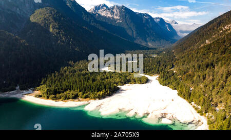 Predil Lake in Italy. Aerial Drone View. Beautiful Landscape. Stock Photo