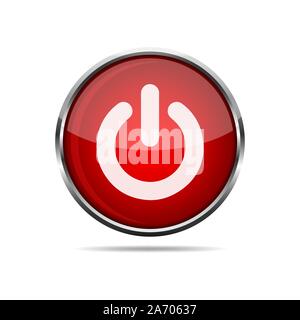 3D POWER round button on white background. Vector illustration. Realistic glossy red button. Stock Vector