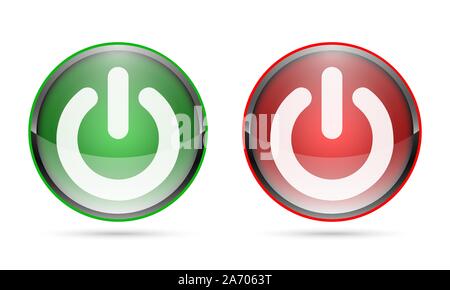 3D Power round buttons on white background. Vector illustration. Realistic glossy red and green buttons. Stock Vector