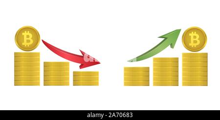 Bitcoin coins with green and red arrows Stock Vector