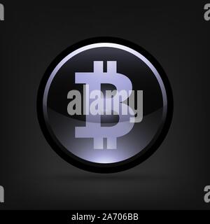 3d Bitcoin currency button. Vector illustration. Bitcoin as cryptocurrency symbol, on dark background Stock Vector