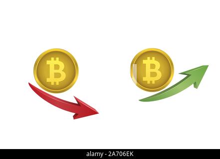 Bitcoin coins with green and red arrows Stock Vector