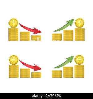 Dollar and euro coins with green and red arrows Stock Vector