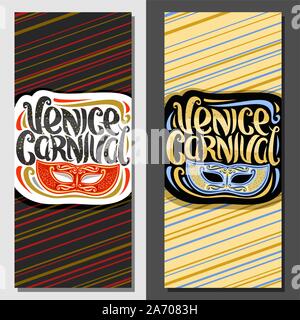 Vector tickets for Venice Carnival, vertical template with illustration of blue and red fun masquerade mask, badge with elegant handwritten typeface f Stock Vector