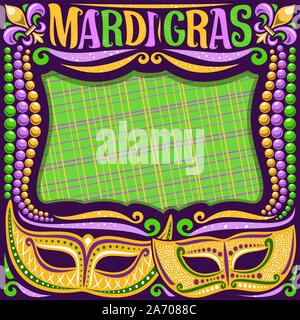 Vector frame for Mardi Gras with copy space, dark layout with illustration of yellow masks, traditional symbol of mardi gras - fleur de lis, colorful Stock Vector