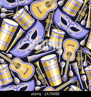 Vector seamless pattern for Brazil Carnival, repeating illustration of blue fancy mask, golden drums with drumsticks, fun ornament for carnival in Rio Stock Vector