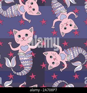 Cat mermaid vector seamless pattern. Hand drawn abstract cartoon girly kitty background. Swimming cute pets characters. Stock Vector