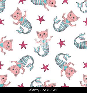 Cat mermaid vector seamless pattern. Hand drawn abstract cartoon girly kitty background. Swimming cute pets characters. Stock Vector