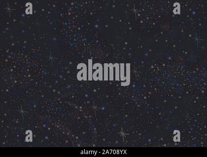 Colorful Seamless Pattern with shiny white stars. Abstract Supernovas. Dark Starry Night. Part of Cosmos, Astronomy and Space Collection. Detailed Ill Stock Vector