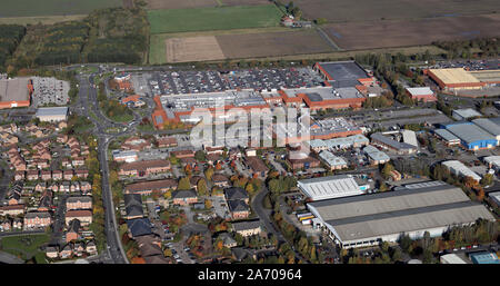 aerial view of the Clifton Moor retail park and Clifton Moor Centre, York, UK Stock Photo